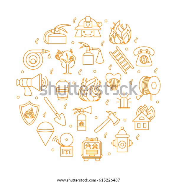 Vector round illustration with thin line icons of\
firefighting items and symbols.  Set of fire fight objects arranged\
in a circle. Linear\
design.