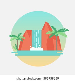 Vector round illustration of tropical waterfall with palm trees. Flat design sticker or label.