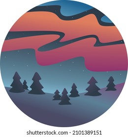 Vektorrunde Illustration. Winterlandschaft mit Schnee, Hügeln, Wald. Helles und schönes Nordlicht. Nachts Sternenhimmel. Tourismus, Emblem, Symbol
