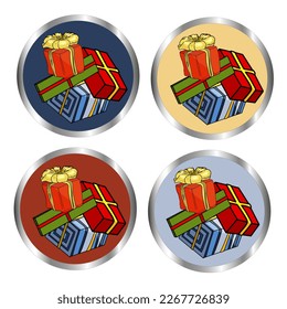 Vector round illustrations new year on a colored background. New Year's gifts are packed in colored wrapping paper. Isolated on white. For print package, cards, designers, clothes, icon, logo