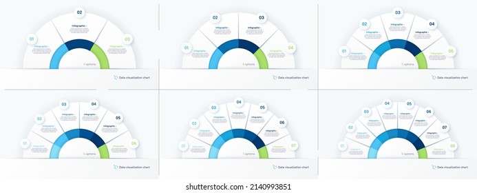 Vector round infographic chart templates in the form of semicircle. 3 4 5 6 7 8 options.