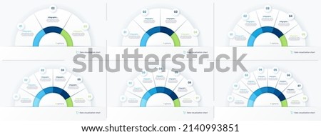 Vector round infographic chart templates in the form of semicircle. 3 4 5 6 7 8 options. Foto d'archivio © 