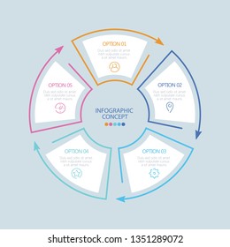 Vector round infographic diagram with 5 options. Circular timeline infographic, chart, diagram can be used for web design, presentation, advertising, report. EPS10
