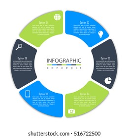 Vector round infographic diagram with 6 options. Circular timeline infographic, chart, diagram can be used for web design, presentation, advertising, report.