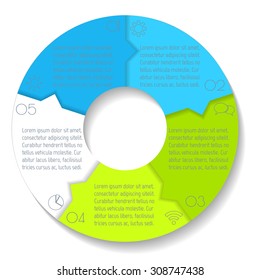 Vector round infographic diagram with arrows. Connected chart with 5 options. Paper progress steps for tutorial. Business concept sequence banners. EPS10 workflow layout.