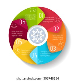 Vector round infographic diagram with arrows. Connected chart with 6 options. Paper progress steps for tutorial. Business concept sequence banners. EPS10 workflow layout.
