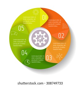 Vector round infographic diagram with arrows. Connected chart with 5 options. Paper progress steps for tutorial. Business concept sequence banners. EPS10 workflow layout.