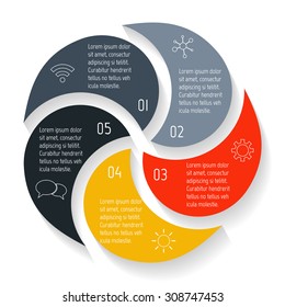 Vector round infographic diagram. Circular connected chart with 5 options. Paper progress steps for tutorial. Business concept sequence banner. EPS10 workflow layout.