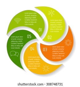 Vector round infographic diagram. Circular connected chart with 5 options. Paper progress steps for tutorial. Business concept sequence banner. EPS10 workflow layout.