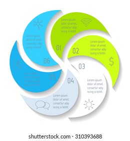 Vector round infographic diagram. Circular connected chart with 6 options. Paper progress steps for tutorial. Business concept sequence banner. EPS10 workflow layout.