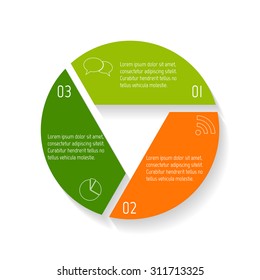 Vector round infographic diagram. Circular connected chart with 3 options. Paper progress steps for tutorial. Business concept sequence banner. EPS10 workflow layout.
