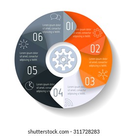 Vector round infographic diagram. Circular connected chart with 6 options. Paper progress steps for tutorial. Business concept sequence banner. EPS10 workflow layout.