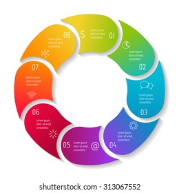 Vector round infographic diagram. Circular connected chart with 8 options. Paper progress steps for tutorial. Business concept sequence banner. EPS10 workflow layout.