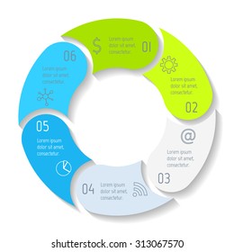 Vector round infographic diagram. Circular connected chart with 6 options. Paper progress steps for tutorial. Business concept sequence banner. EPS10 workflow layout.