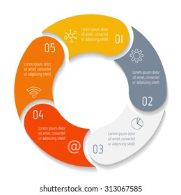 Vector round infographic diagram. Circular connected chart with 5 options. Paper progress steps for tutorial. Business concept sequence banner. EPS10 workflow layout.