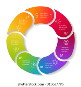 Vector round infographic diagram. Circular connected chart with 7 options. Paper progress steps for tutorial. Business concept sequence banner. EPS10 workflow layout.