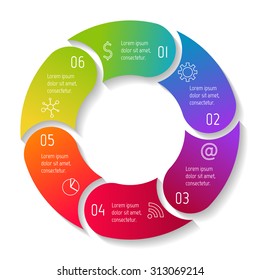 Vector round infographic diagram. Circular connected chart with 6 options. Paper progress steps for tutorial. Business concept sequence banner. EPS10 workflow layout.