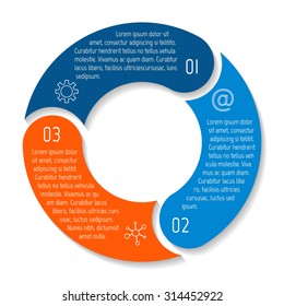 Vector round infographic diagram. Circular connected chart with 3 options. Paper progress steps for tutorial. Business concept sequence banner. EPS10 workflow layout.