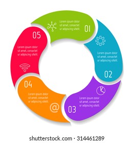 Vector round infographic diagram. Circular connected chart with 5 options. Paper progress steps for tutorial. Business concept sequence banner. EPS10 workflow layout.