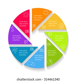 Vector round infographic diagram. Circular connected chart with 8 options. Paper progress steps for tutorial. Business concept sequence banner. EPS10 workflow layout.