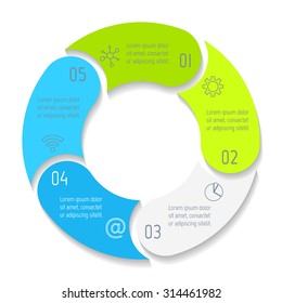 Vector round infographic diagram. Circular connected chart with 5 options. Paper progress steps for tutorial. Business concept sequence banner. EPS10 workflow layout.