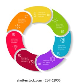 Vector round infographic diagram. Circular connected chart with 7 options. Paper progress steps for tutorial. Business concept sequence banner. EPS10 workflow layout.