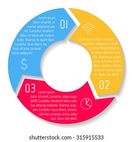 Vector round infographic diagram. Circular connected chart with 3 options. Paper progress steps for tutorial. Business concept sequence banner. EPS10 workflow layout.