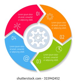 Vector round infographic diagram. Circular connected chart with 4 options. Paper progress steps for tutorial. Business concept sequence banner. EPS10 workflow layout.
