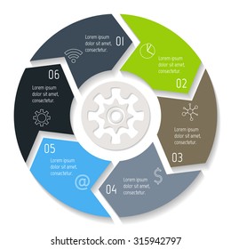 Vector round infographic diagram. Circular connected chart with 6 options. Paper progress steps for tutorial. Business concept sequence banner. EPS10 workflow layout.