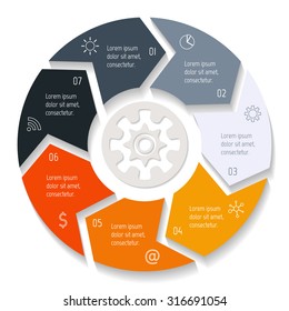Vector round infographic diagram. Circular connected chart with 7 options. Paper progress steps for tutorial. Business concept sequence banner. EPS10 workflow layout.