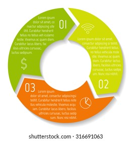 Vector round infographic diagram. Circular connected chart with 3 options. Paper progress steps for tutorial. Business concept sequence banner. EPS10 workflow layout.
