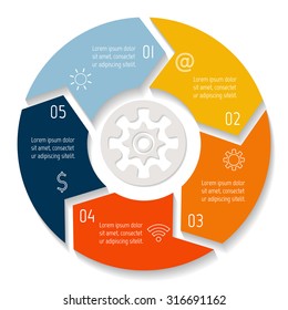 Vector round infographic diagram. Circular connected chart with 5 options. Paper progress steps for tutorial. Business concept sequence banner. EPS10 workflow layout.
