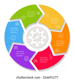 Vector round infographic diagram. Circular connected chart with 6 options. Paper progress steps for tutorial. Business concept sequence banner. EPS10 workflow layout.