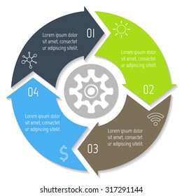 Vector round infographic diagram. Circular connected chart with 4 options. Paper progress steps for tutorial with arrows. Business concept sequence banner. EPS10 workflow layout.