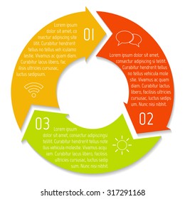 Vector round infographic diagram. Circular connected chart with 3 options. Paper progress steps for tutorial with arrows. Business concept sequence banner. EPS10 workflow layout.