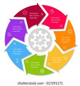 Vector round infographic diagram. Circular connected chart with 7 options. Paper progress steps for tutorial with arrows. Business concept sequence banner. EPS10 workflow layout.