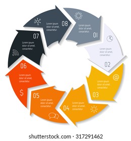 Vector round infographic diagram. Circular connected chart with 8 options. Paper progress steps for tutorial with arrows. Business concept sequence banner. EPS10 workflow layout.