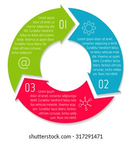 Vector round infographic diagram. Circular connected chart with 3 options. Paper progress steps for tutorial with arrows. Business concept sequence banner. EPS10 workflow layout.