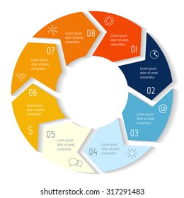 Vector round infographic diagram. Circular connected chart with 8 options. Paper progress steps for tutorial with arrows. Business concept sequence banner. EPS10 workflow layout.