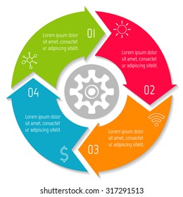 Vector round infographic diagram. Circular connected chart with 4 options. Paper progress steps for tutorial with arrows. Business concept sequence banner. EPS10 workflow layout.
