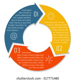 Vector round infographic diagram. Circular connected chart with 3 options. Paper progress steps for tutorial with arrows. Business concept sequence banner. EPS10 workflow layout.