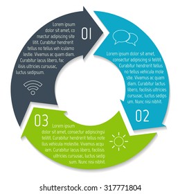 Vector round infographic diagram. Circular connected chart with 3 options. Paper progress steps for tutorial with arrows. Business concept sequence banner. EPS10 workflow layout.