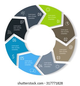 Vector round infographic diagram. Circular connected chart with 8 options. Paper progress steps for tutorial with arrows. Business concept sequence banner. EPS10 workflow layout.