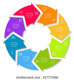 Vector round infographic diagram. Circular connected chart with 8 options. Paper progress steps for tutorial with arrows. Business concept sequence banner. EPS10 workflow layout.