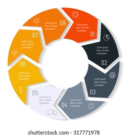 Vector round infographic diagram. Circular connected chart with 8 options. Paper progress steps for tutorial with arrows. Business concept sequence banner. EPS10 workflow layout.
