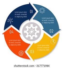 Vector round infographic diagram. Circular connected chart with 4 options. Paper progress steps for tutorial with arrows. Business concept sequence banner. EPS10 workflow layout.