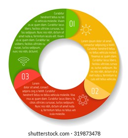 Vector round infographic diagram. Circular connected chart with 3 options. Paper progress steps for tutorial with folded parts. Business concept sequence banner. EPS10 workflow layout.