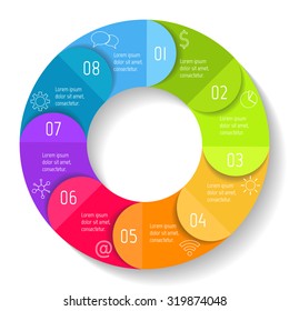 Vector round infographic diagram. Circular connected chart with 8 options. Paper progress steps for tutorial with folded parts. Business concept sequence banner. EPS10 workflow layout.