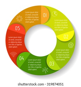Vector round infographic diagram. Circular connected chart with 5 options. Paper progress steps for tutorial with folded parts. Business concept sequence banner. EPS10 workflow layout.