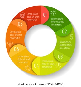 Vector round infographic diagram. Circular connected chart with 6 options. Paper progress steps for tutorial with folded parts. Business concept sequence banner. EPS10 workflow layout.